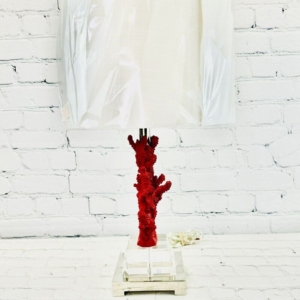 Broyhill Red Corral Lucite Reef Nautical Coastal Beach Table Lamp & Shade - Picture 5 of 16